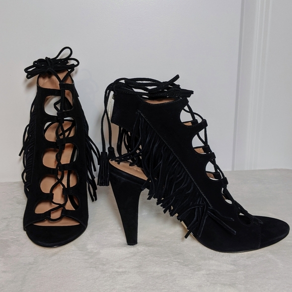 Sigerson Morrison Sandal Suede Fringe Ankle Wrap Ghillie Tie Heel Black 8.5 NIB - Picture 2 of 8